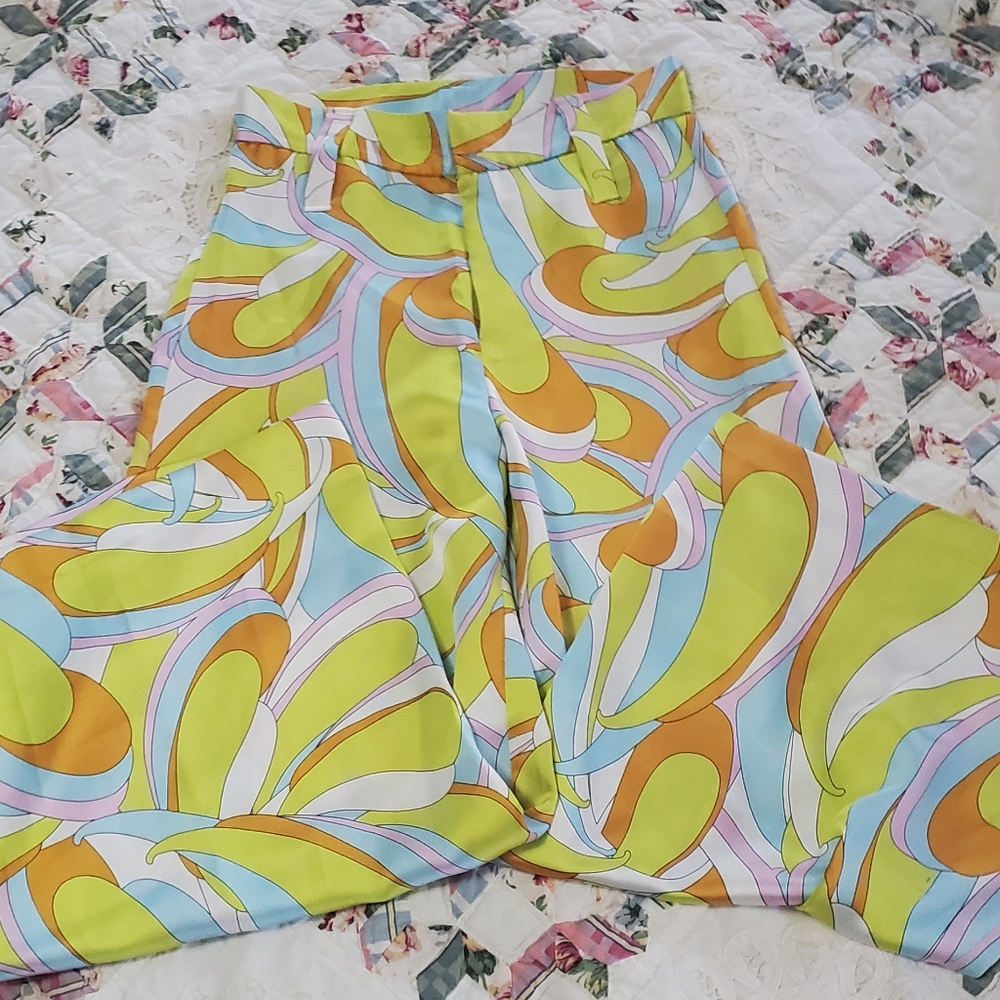 Zara GROOVY Pants, Colorful Abstract Wide-Leg Pants